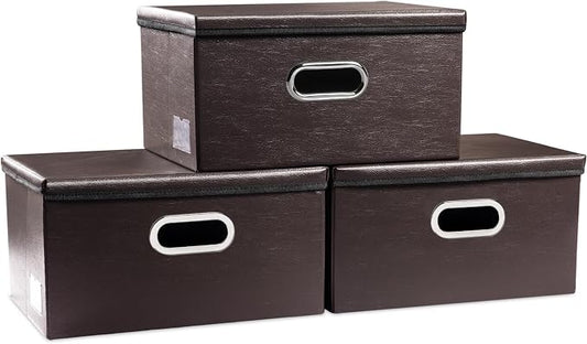 PRANDOM Collapsible Storage Box with Lid [3-Pack] Leather Fabric Foldable Storage Bin Organizer Container Basket Cube with Cover for Home Bedroom Closet Office Nursery Brown(13.6x9.6x6.9) by Prandom
