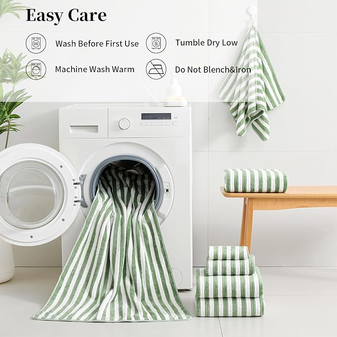 18-Piece Microfiber Bath Towels Set - 6 Bath Sheet, 6 Hand Towels, 6 Washcloths, Soft, Highly Absorbent Bathroom Towel, Quick Dry & Less Lint Shower towel for Bathroom, Hotel, Spa, Dorm-Light Green - Image 6