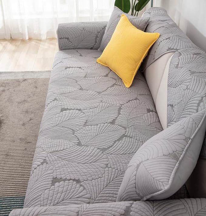 Solid Color Leaf Cotton Quilted Sofa Covers Anti-Slip Soft Sectional Couch Cover Washable Sofa Slipcover for Dogs Cats Pet (Grey,36''x47'') - Image 4