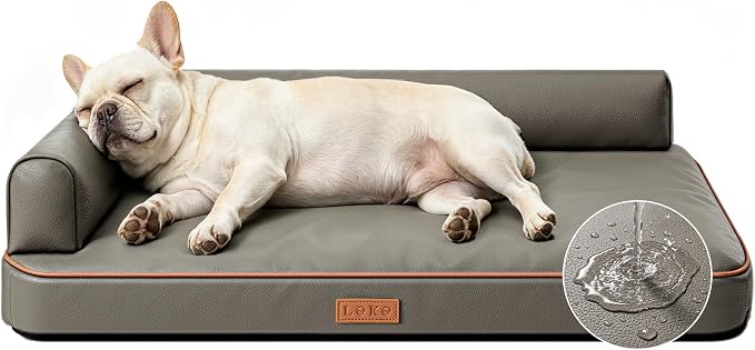 Outdoor Waterproof Dog Bed for Small Dogs, Egg Crate Foam Crate Pad with Raised Bolster, Removable Washable Leather-Look Cover, Non-Slip Bottom, Gray, for Dogs Up to 20 in. Long by Lekereise