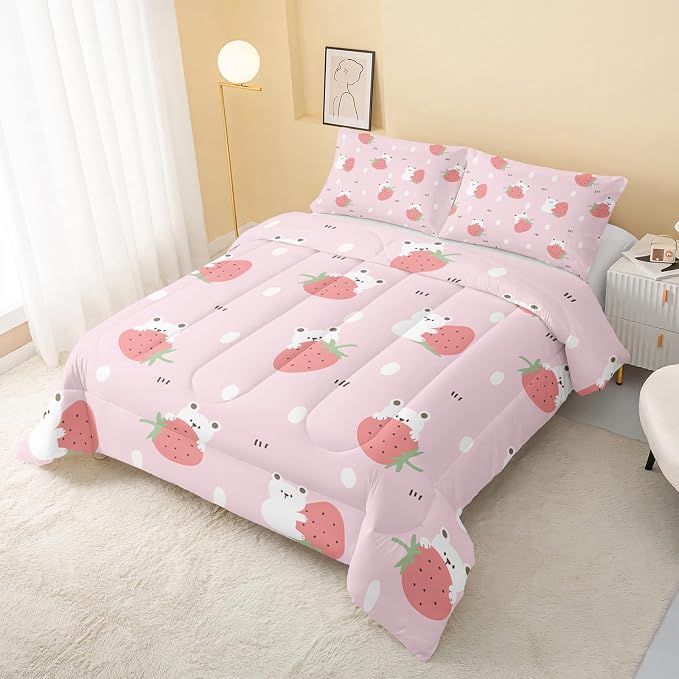 QOOMO Cartoon Bear Comforter Twin Size,Pink Strawberry Bedding Set for Kids Teens Girls,3Pcs Bedding Set Printed Comforter with 2 Pillowcases,Down Alternative,Soft and Lightweight，Twin Size - Image 3