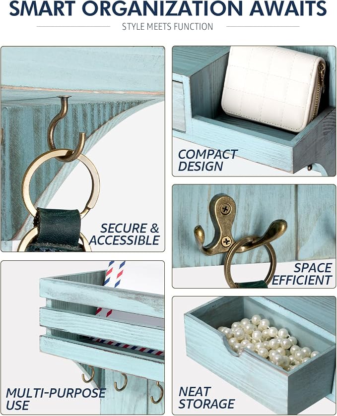 Rebee Vision Key Holder Wall Mount with Drawer & Shelf for Entryway, Blue | Sturdy Wood, Key Holder for Wall, 9 Sturdy Hooks, Floating Shelf, Plant Display, Drawer Organizer, Mail Sorter, Home Decor - Image 2