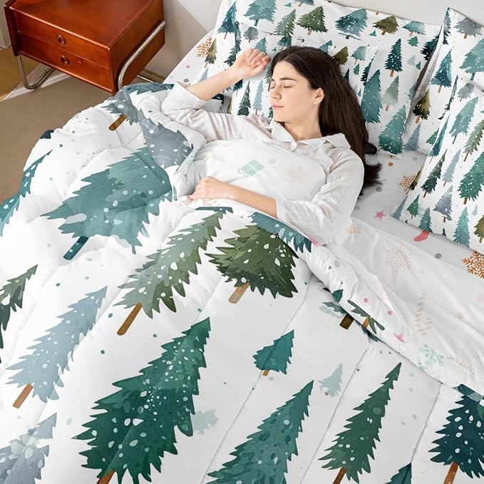 Erosebridal Christmas Tree Twin Comforter Set with Sheets 7 Piece Green Xmas Pine Tree Bed in A Bag Forest Snowy Nature Scene Bedding Set for Women Men Winter Holiday Christmas Bed Set Happy New Year - Image 2
