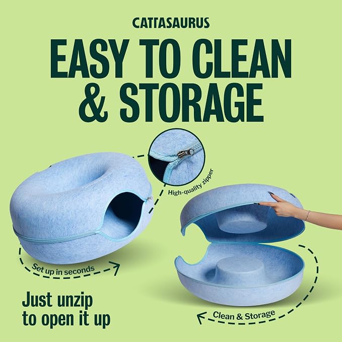 Cattasaurus Peekaboo Cat Cave Donut for Multiple & Large Cats up to 30-45 lbs, 3-in-1 Self Warming Cat Bed, Tunnel & Scratcher for Indoor Cats, Washable & Detachable Small Dog Bed (Blue, Large) - Image 7