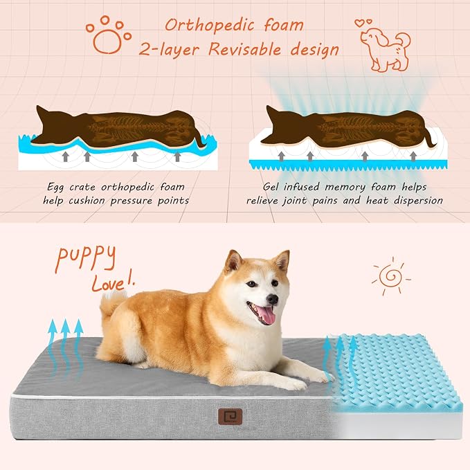 EHEYCIGA Large Washable Dog Crate Bed with Memory Foam, 35x23Inch, Grey | High Density Egg Crate Foam, Waterproof Liner, Removable Easy Clean Cover, Non-Slip Bottom, Fits Crate, Floor and Sofa - Image 2