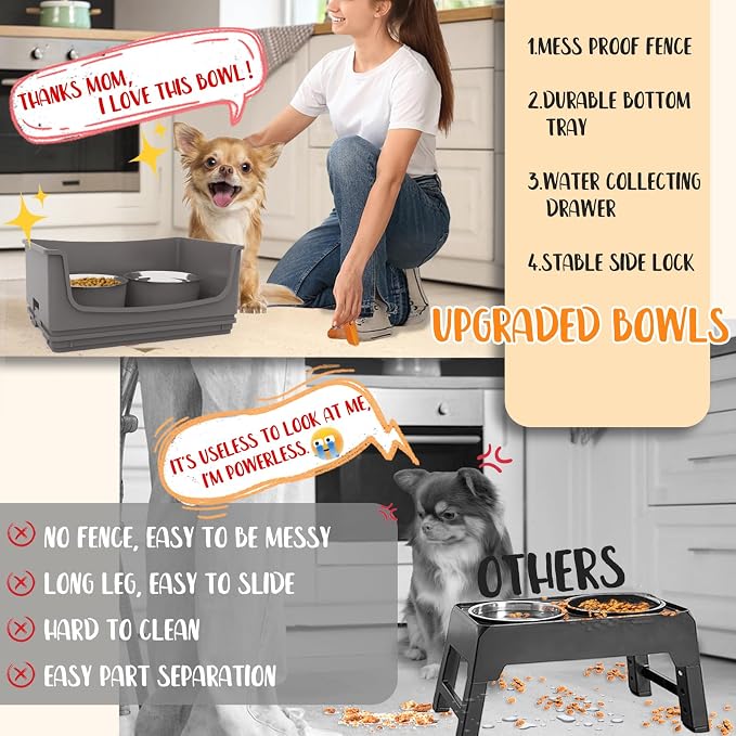 Elevated Dog Bowl Stand Set,Quiet Eating Mess Proof Raised Dog Bowls 2 Stainless Steel Food Bowls,Splash Water Collection Non-Slip Small Cat Feeding Table - Image 5