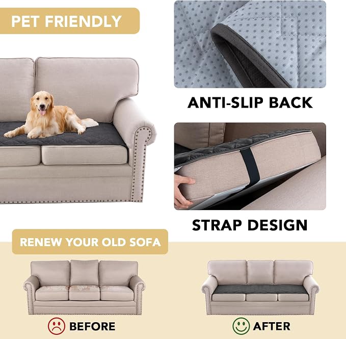 H.VERSAILTEX Couch Cover Chenille Pet Fuzzy Sofa Covers for 3 Cushion Couch Anti Slip Washable Sofa Slipcovers with Strap Soft Couch Protector Cover for Dogs Cats Kids(27.6" x 82", Grey) - Image 4