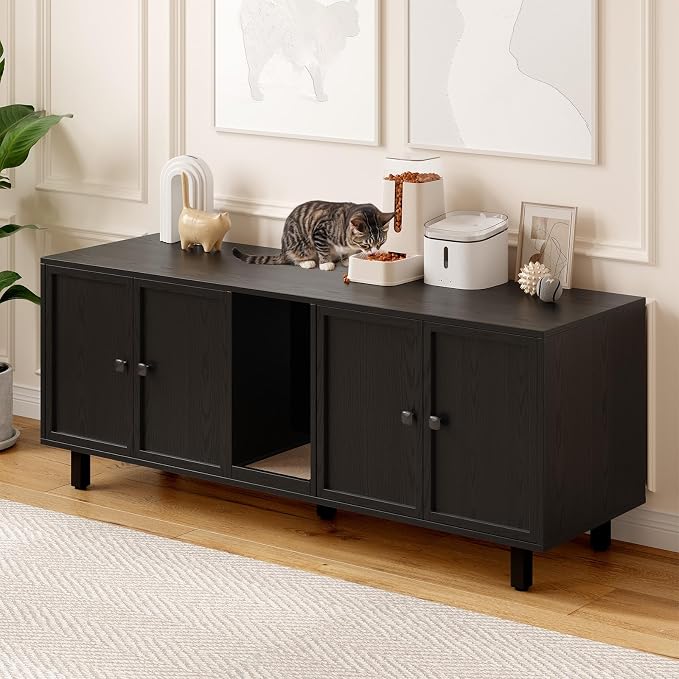 ONBRILL 63 Inches Cat Litter Box Enclosure for 2 Cats, Hidden Litter Boxes Furniture with Cat Scratch Pad, Large Indoor Pet House with Double Room, Wooden TV Stand Side Table, Black - Image 7