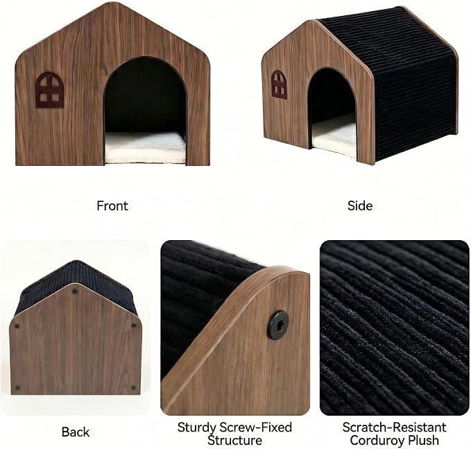 Wooden Cat House for Indoor Cats - Plush Corduroy Semi Enclosed Cat Condo, Dual Sided All Season Washable Cat Bed, Sturdy Modern Cat Furniture for Small & Medium Cats Up to 20lb/9kg - Image 4