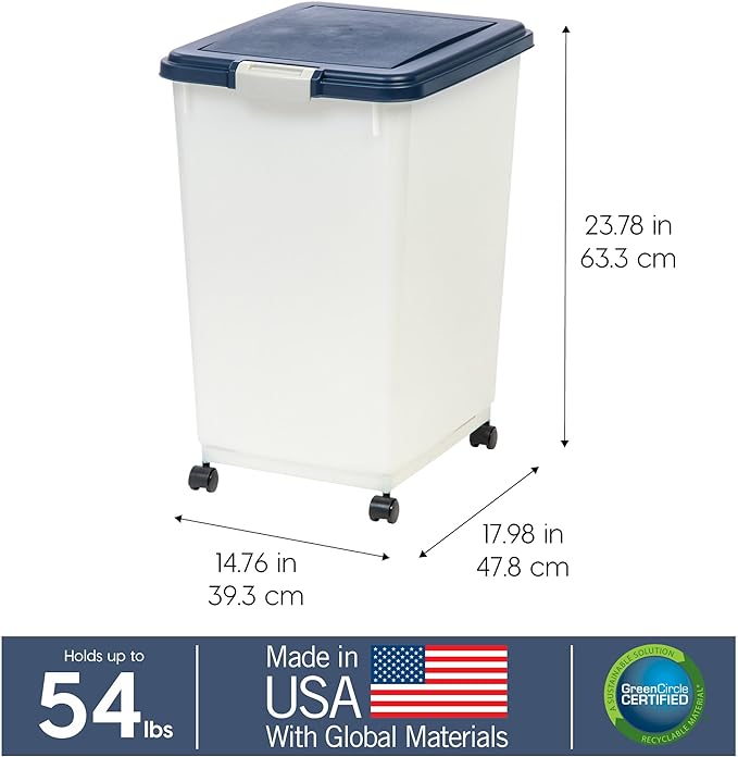 IRIS USA 54 lb + 38 lb Airtight Pet Food Storage Container Combo, Attachable Wheels, for Dog Cat Bird and Other Pet Food Storage Bin, Keep Fresh, Easy Mobility, BPA Free, Navy/Pearl - Image 3