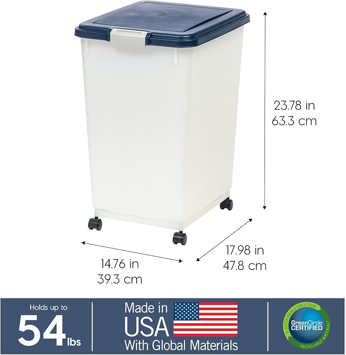 IRIS USA 54 lb + 38 lb Airtight Pet Food Storage Container Combo, Attachable Wheels, for Dog Cat Bird and Other Pet Food Storage Bin, Keep Fresh, Easy Mobility, BPA Free, Navy/Pearl - Image 3
