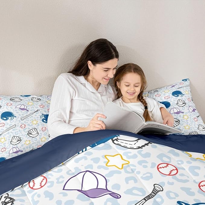 Homewish Blue Leopard Comforter Set King Size,Baseball Sports Gaming Bedding Set 3pcs for Kids Boys Girls Room Decor,Cartoon Baseball Bat Quilt Set Colorful Baseball Hat Bedspread with 2 Pillowcases - Image 2
