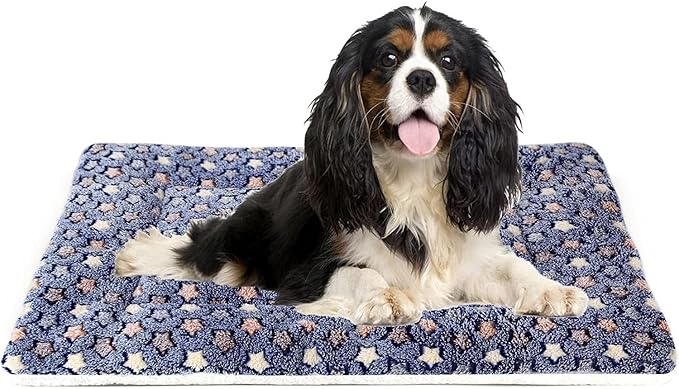 Mora Pets Dog Bed Crate Pad Ultra Soft Pet Bed with Cute Star Print Washable Crate Mat for Large Medium Small Dogs Reversible Fleece Dog Crate Kennel Mat Cat Bed Liner 29 x 21 inch Dark Blue by MoraPets