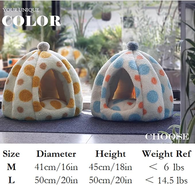 Cat Polka Dot Bed Cave, Warm Enclosed Hideaway for Kitten (Blue,Large) | Yurt-inspired semi-open den, Soft comfy interior, Spotted pattern, Winter nap spot, Small apartment pet furniture - Image 6