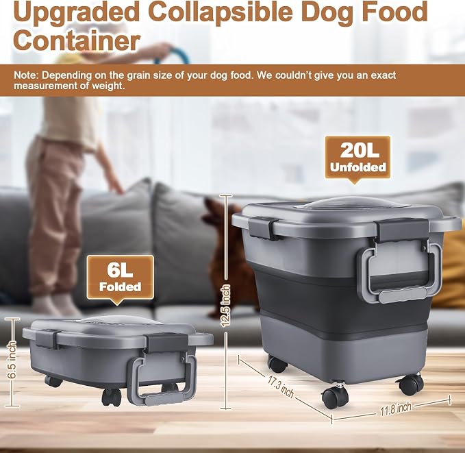 Dog Food Storage Container, 10-20 lbs Airtight Collapsible Cat Food Storage Container with Attachable Wheels, Portable Handle, Dog Food Scoop for Dog Cat Bird Pet Dry Food Storage Bin Dark Grey - Image 2