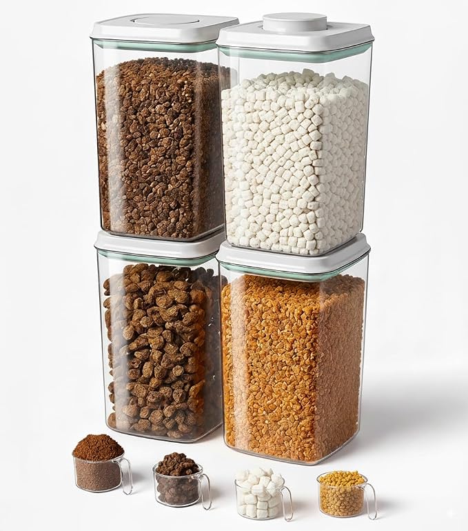 Dog Food Storage Container with 130ml Scoop – 4L/4.2qt Airtight Dog Food Container for Kibble & Treats, BPA-Free Cat Food Storage Container, Stackable Pop Lid Plastic Container with Lid (4.2Qt*4) by ANKOU