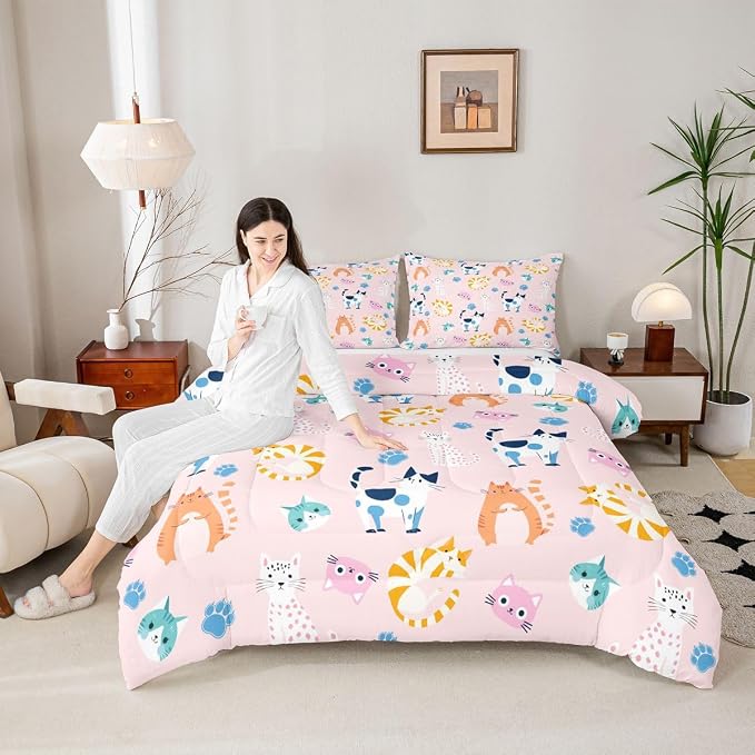 Feelyou Toddler Size Cute Colorful Cat Bedding for Kids Teen Girls Room Decor Cat Comforter Set Kawaii Pink Kitten Quilt Feline Paw Bed Sets Ultra Soft Microfiber with 2 Piece - Image 5