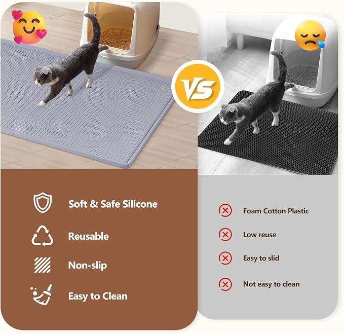 Silicone Cat Litter Box Mat 34'' x 22'' Cat Mat with Toy, Grey | Extra Large Litter Mat with lip, Non-Slip Waterproof Cat Litter Mat Litter Trapping Mat for Floor, Easy to Clean - Image 3