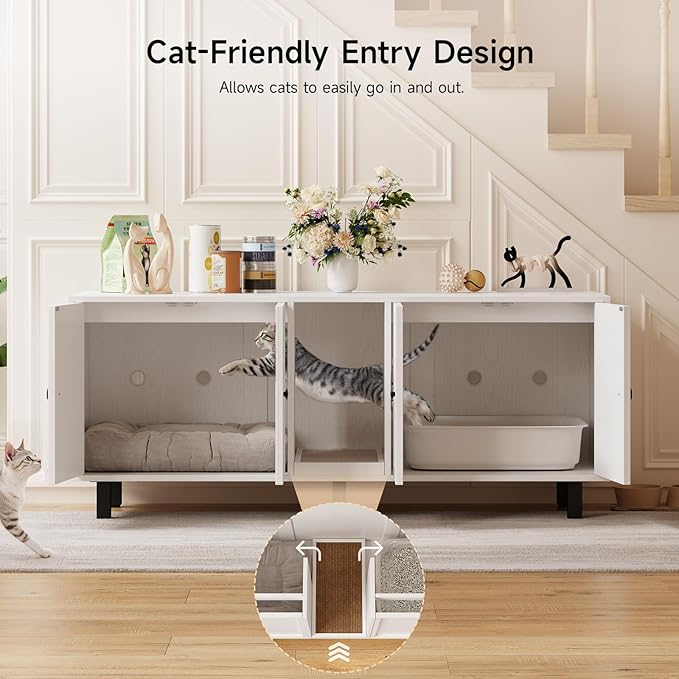 ONBRILL 59 Inches Cat Litter Box Enclosure for 2 Cats, Hidden Litter Boxes Furniture with Cat Scratch Pad, Large Indoor Pet House with Double Room, Wooden TV Stand Side Table, Off White - Image 5