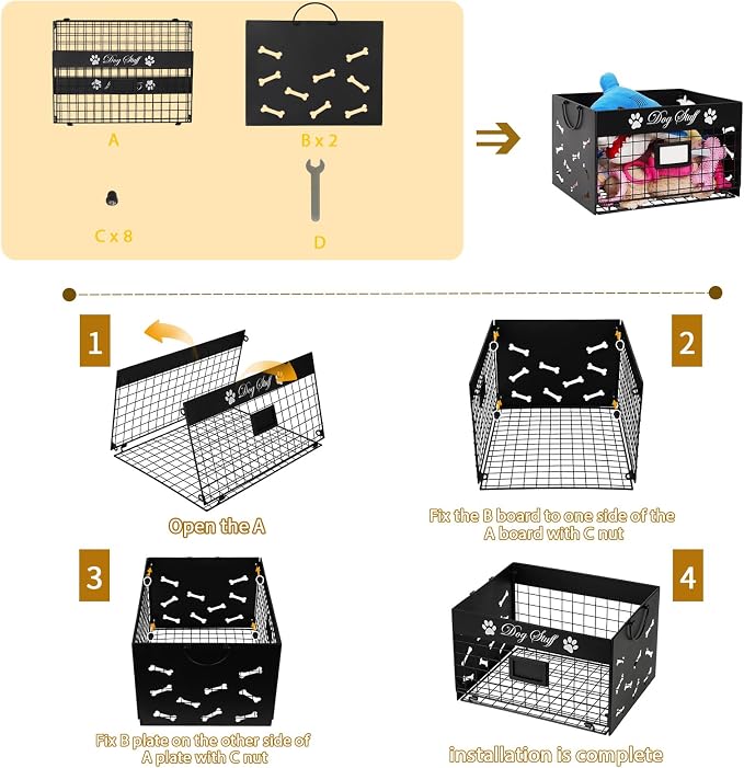 Bfttlity Dog Toy Bin Metal Basket Box for Storage Dogs Toys, Black | Dog Toy Basket with Handles for Living Room Storage Dogs Chew Pets Toys, Blankets, Clothes, Food - Image 6
