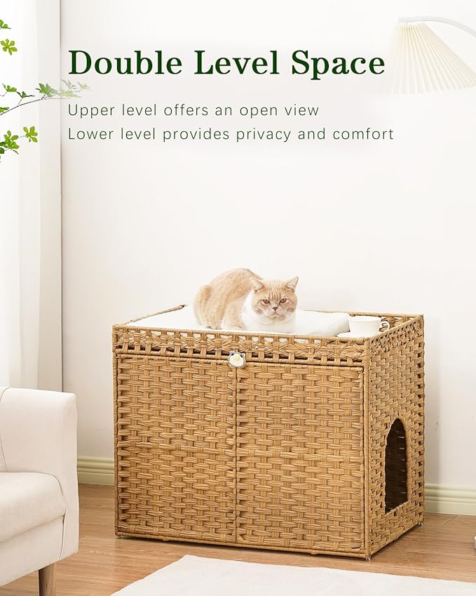 SETVSON Cat Litter Box Enclosure Furniture, Handwoven Rattan Hidden Litter Box with Mat, Large Space Cat House with 2 S-Shaped Hooks 30.3 x 18.3 x 24.4 Inches, Indoor for Living Room Apartment Natural - Image 2