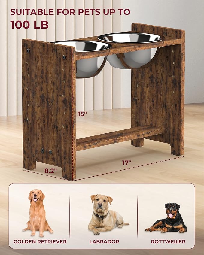 Vantic Elevated Dog Bowls, Adjustable Bowl Stand Large/XLarge, Rustic Brown | Particle Board Raised Dog Bowl Stand with 2 Stainless Steel Bowls for Large and Extra-Large Dogs - Image 6