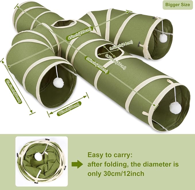 Ownpets Cat Tunnel Large 12 inch Diameter, Cactus-Shaped Cat Tunnel Toy, Sturdy Oxford Fabric Collapsible Cat Tunnels for Indoor Cats, Interactive Peek Hole Pet Tunnel Tube with Cat Wand Toy, Green - Image 5