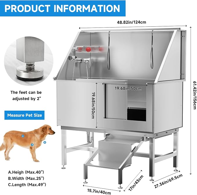 Dog Washing Station 50" Dog Grooming Tub with Right Stair& Faucet, Stainless Steel Dog Bathing Station for Home,Dog Bathtub for Large,Medium,Small Pets - Image 2