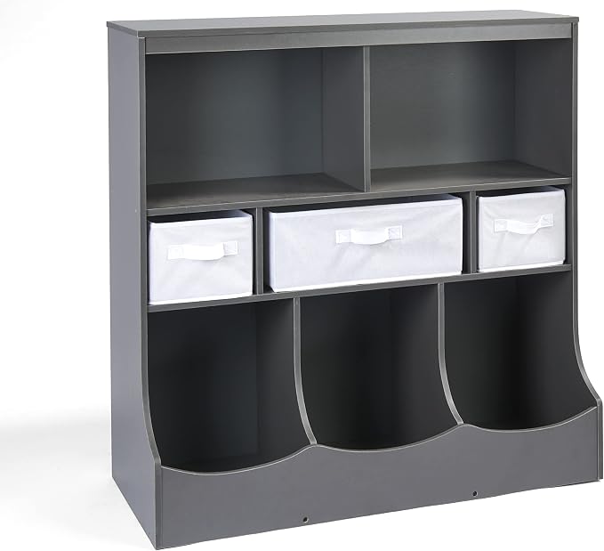 Badger Basket Combo Toy Storage Organizer and Bookshelf - Kids Storage Unit with 3 Removable Baskets, Open Shelves, Top Display Surface - Charcoal by BadgerBasket