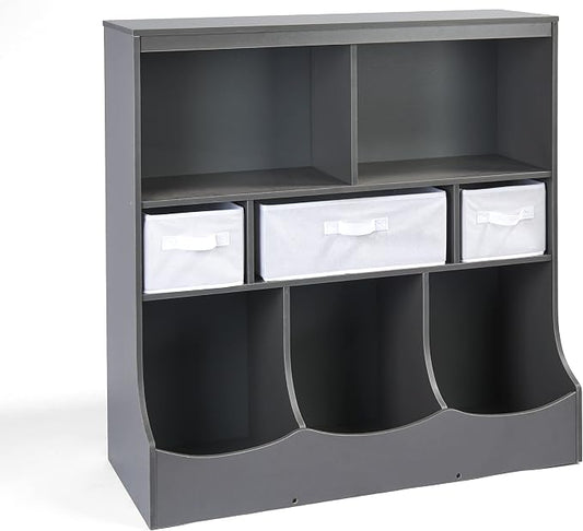 Badger Basket Combo Toy Storage Organizer and Bookshelf - Kids Storage Unit with 3 Removable Baskets, Open Shelves, Top Display Surface - Charcoal by BadgerBasket