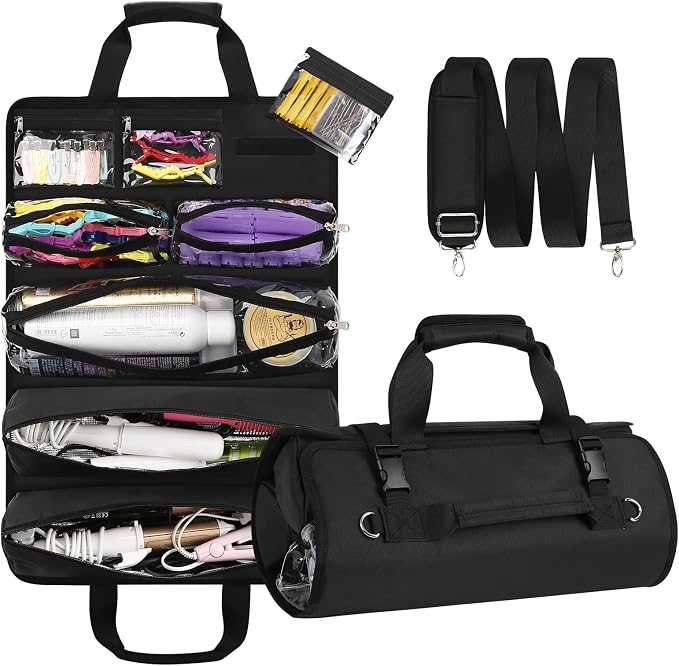 Hairstylist Travel Bag, Roll Up Cosmetology Traveling Case for Supplies | 8 Detachable Zipper Pouch, Heat Resistant Lining, Professional For Hairstylist Hairdresser Barber Esthetician by CUBETASTIC