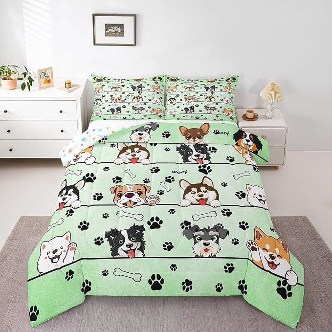 Manfei Cartoon Puppy Pet Animals Boys Girls Comforter Set Full Size,Cute Dogs Duvet Set Teens Bedroom Decor,Dogs Footprint Kawaii Green Microfiber Soft Bedding 3PCS - Image 2