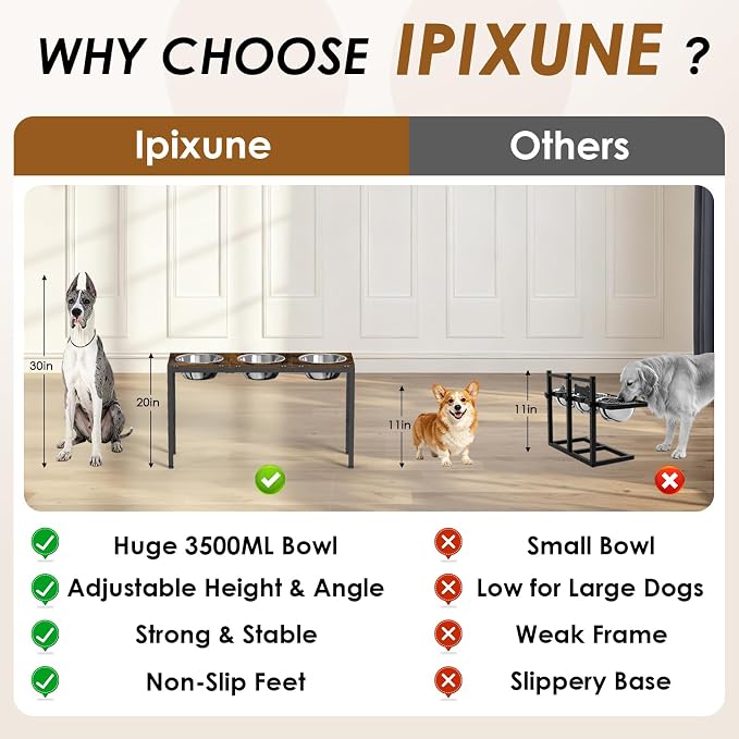 5-Height Adjustment 15"-20.5", Raised Dog Bowl Stand for Large Dogs | 3-Bowl Feeding Station; 304 Stainless Steel Bowls, 101oz Each; 3-Angle Tilt Reduces Vomiting; Solid iron Frame - Image 3