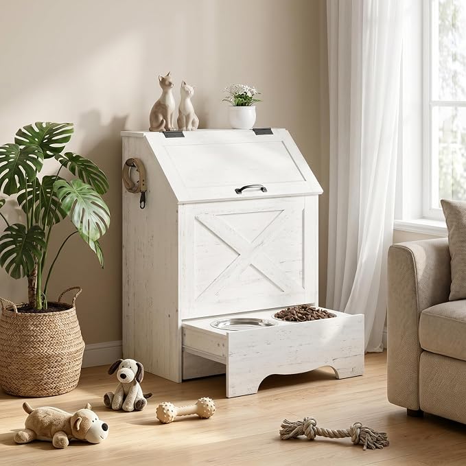 HOOBRO Dog Feeding Station with Sliding Drawer and 2 Hidden Bowls, Pet Feeding Station with Flip-Up Door, Dog Food Storage Cabinet with 2 Hooks for Living Room and Bedroom, Cloud White WT03PO03 - Image 2
