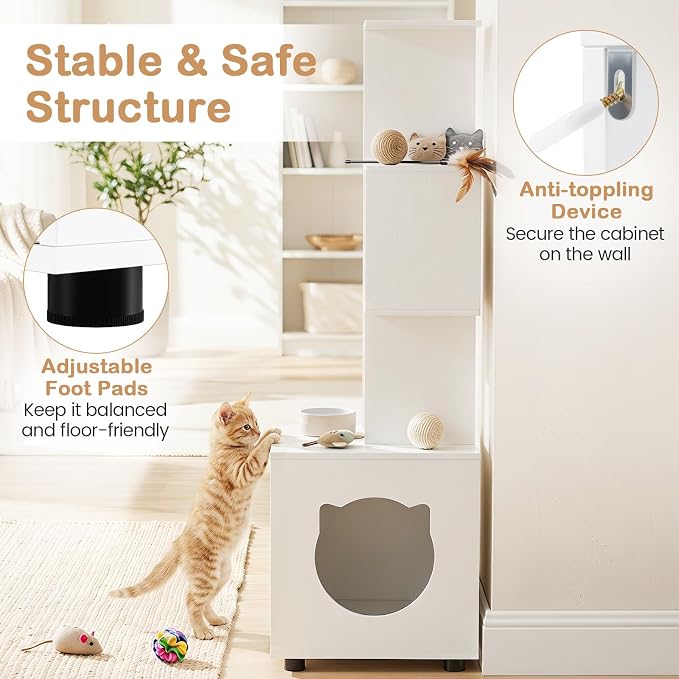 PETSITE Cat Litter Box Furniture with 3 Shelves and Doors, 56 inch Tall Cat Box Enclosure with Display Shelves and Side Entry, Indoor Hidden Litter Box with Decorative Storage Shelving (White) - Image 8