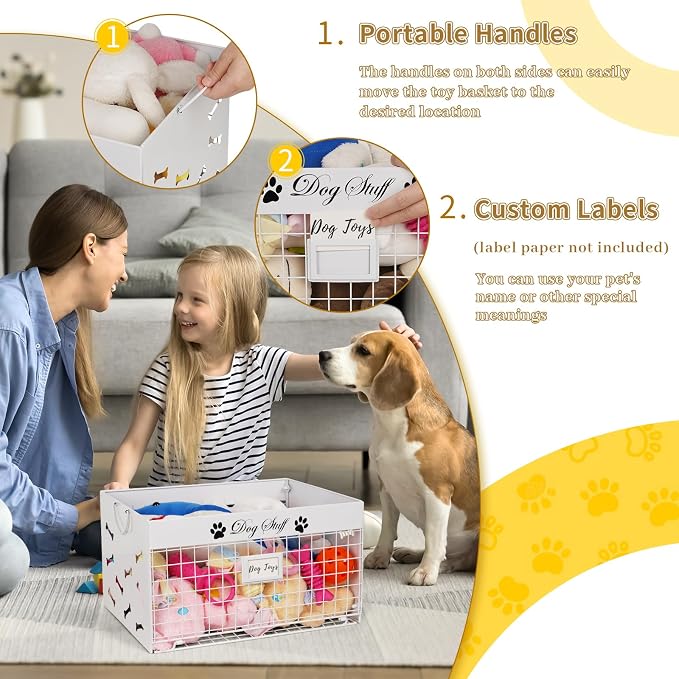 Bfttlity Dog Toy Basket Large Metal Toy Box Storage for Dogs Toys, White | Dog Toy Bin with Handles for Living Room Storage Dogs Chew Pets Toys, Blankets, Clothes, Food - Image 4