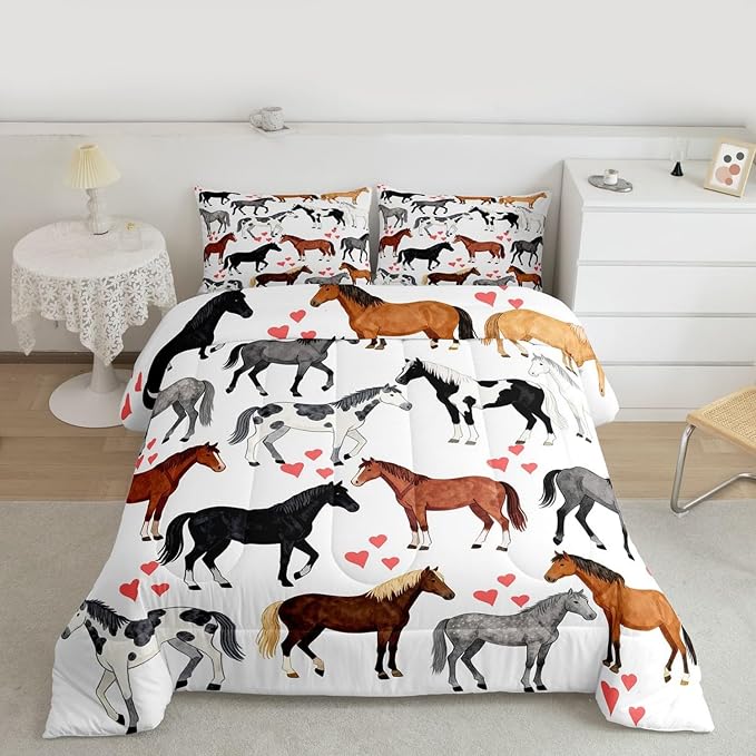 Erosebridal Kawaii Comforter Horse Comforter Set Queen Farm Bedding Set Kids Boys Girls Cute Animal Duvet Set Cartoon Horses with Pink Lover Heart Room Decor Duvet Set Cowboy Cowgirls Comforter Set - Image 2