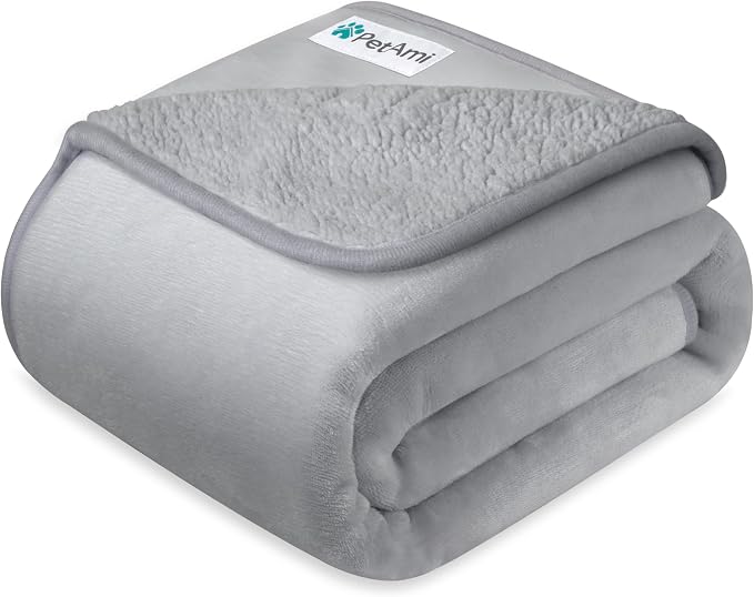 PetAmi Premium Waterproof Dog Blanket for Large Dogs, Reversible Sherpa & Flannel Fleece, Leakproof Pet Throw for Couch Protection, Soft Plush Furniture Protector for Cats, Washable, 60x80 Light Grey by PetAmi