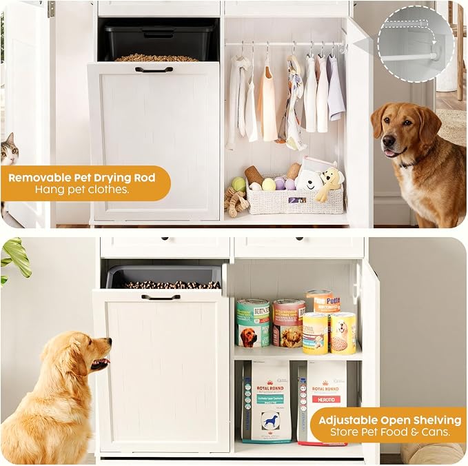 39.7’’W Dog Feeding Station, Tilt-Out Dog Food Cabinet for Multi-Pets, Pet Feeder Station with 4 Feeding Bowls, Dog & Cat Storage Organizer with Hanging Rod, (White, Dual Doors) - Image 3