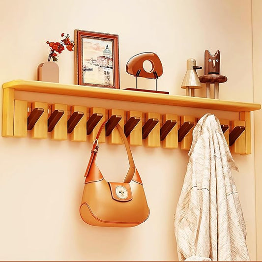 Wall Mounted Coat RackHooks Piano Key Hangers Natural Solid Wood Hanger Non-Woven Fabric Clothes Hangers for Closet, Kitchen, Bedroom, Bathroom, Entryway (Tray Walnut-Beech, 12 Hooks) by MurphyBedKitMattresFrame