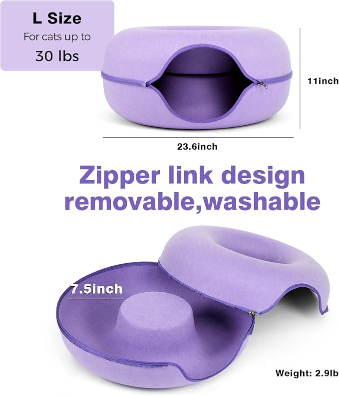 Cat Tunnel Bed for Indoor Cats with 3 Toys, Scratch Resistant Detachable and Washable Large Donut Cat Bed, Available in All Seasons (Purple, L(24x24x11)) - Image 4