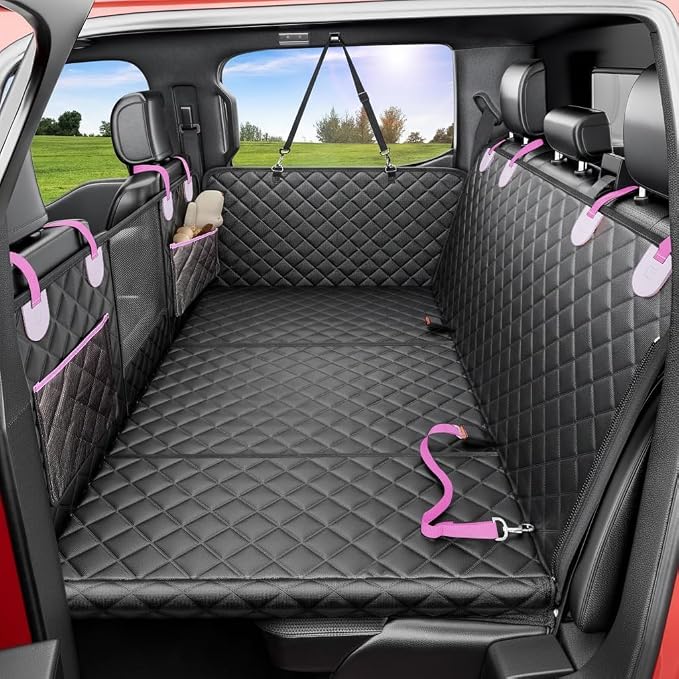 World Trip Dog Car Seat Cover for Back Seat, Hard Bottom 450 LB, 2026 Upgraded Oxford Fabric, Back Seat Extender for Dogs, Mesh Window, Waterproof Scratchproof, Extra Hair Glove, Fits Cars SUVs Trucks by Unknown