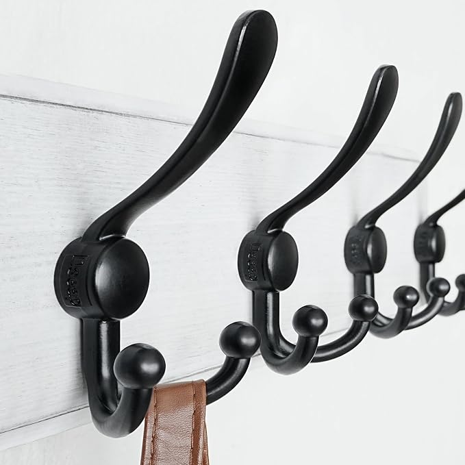 Dseap Coat Rack Wall Mounted - 5 Tri Hooks, Heavy Duty, Wooden Wall Coat Hanger Coat Hook for Clothes Hat Jacket Clothing, White & Black - Image 2