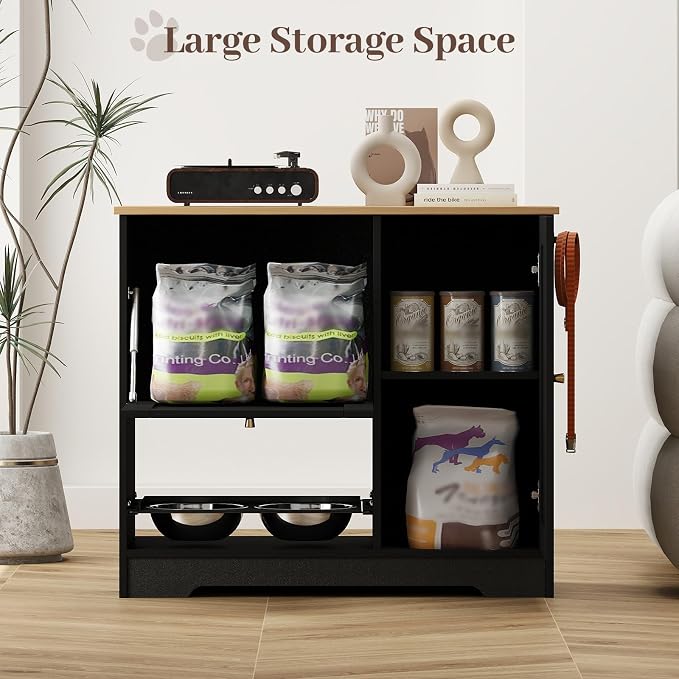Rovibek Dog Feeding Station with with 2 Elevated Dog Bowls, Dog Food Storage Cabinet with with Storage and Hooks, Hidden Pet Feeder Station Wood for Cats and Dogs, Black - Image 7