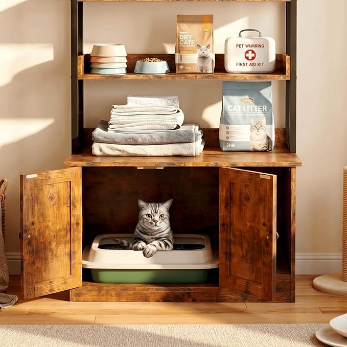 IRONCK Litter Box Enclosure with 4 Shelves and Doors, Large Wood Cat Litter Box Furniture Hidden with Storage and Scratch, Fit Most of Litter Box, Vintage Brown - Image 5