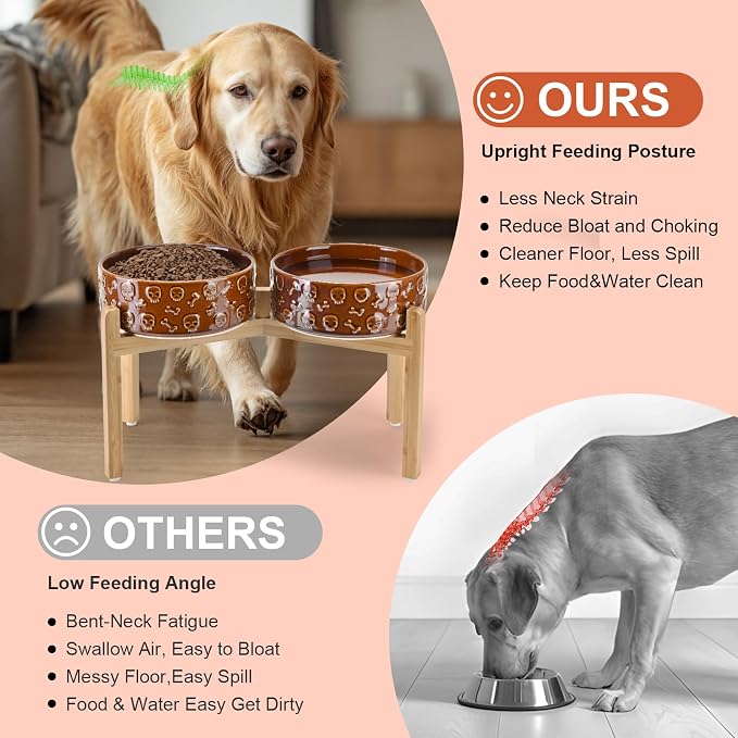 SPUNKYJUNKY Elevated Dog Bowls Ceramic, 8.3'' Dogs Food Water Bowls Raised with Non-Slip Bamboo Stand for Large Sized Breed Microwave Dishwasher Safe - 60 OZ,Skull Bronze - Image 3