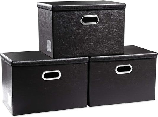 PRANDOM Large Foldable Storage Bins with Lids [3-Pack] Leather Fabric Collapsible Storage Boxes Organizer Containers Baskets Cube with Cover for Home Bedroom Closet Office Black(17.7x11.8x11.8) by Prandom