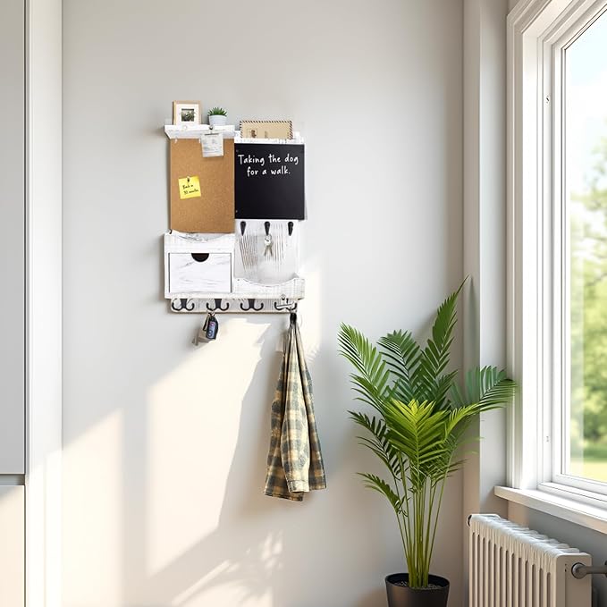 Key Holder Wall Mount， Mail Organizer Key Holder for Wall with Shelf, Drawer, Chalkboard, Corkboard, Home Decor Wall Mounted for Room Entryway(Whitewashed) - Image 5