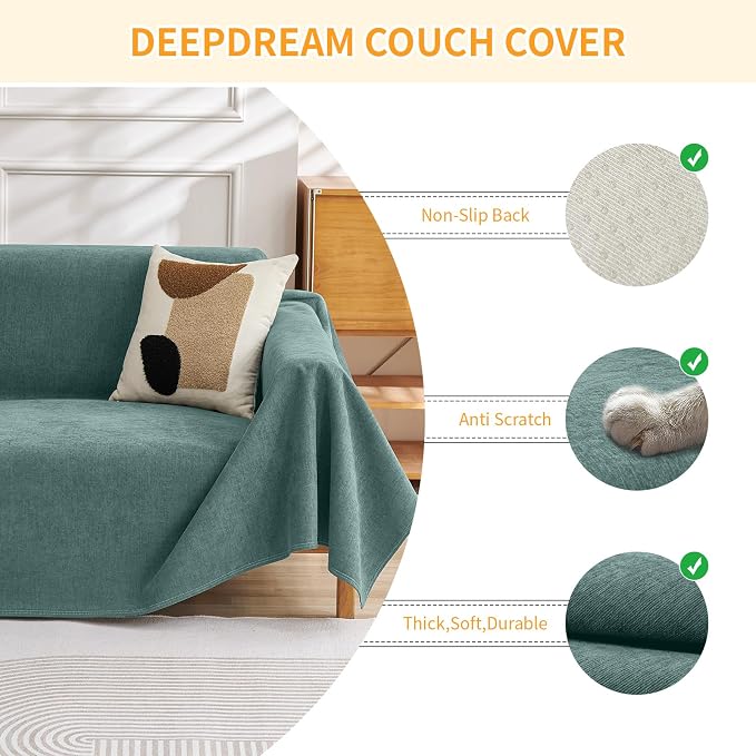 Deep Dream Cat-Scratch Resistant Couch Cover, Waterproof Sofa Cover for 3 Cushion Couch Washable, Pet Friendly Couch Protectors Anti Slip Thickened Love Seat Slipcovers for Dogs Pets,71" x 118",Green - Image 3
