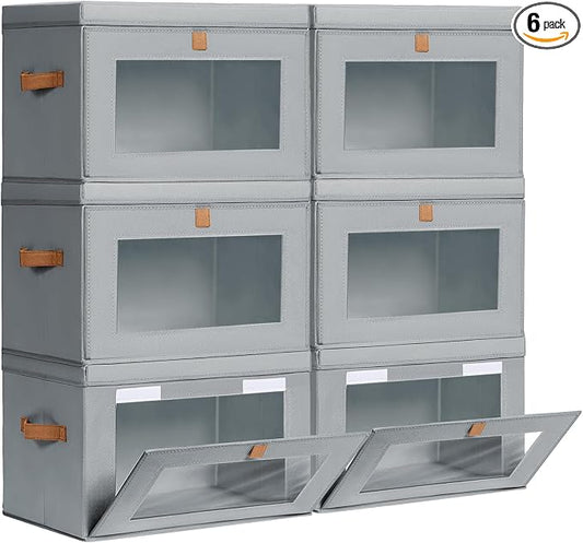 Homsorout Large Closet Storage Bins - Collapsible Storage Bins with Handles & Window, Fabric Cube Organizer with Lids, Decorative Boxes for Living Room, Closet, Dorm, 6 Pack, Grey by Homsorout
